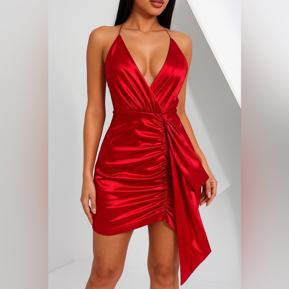 Luxxel Red Satin Ruched Mini Dress M | Asymmetrical Halter Evening Party